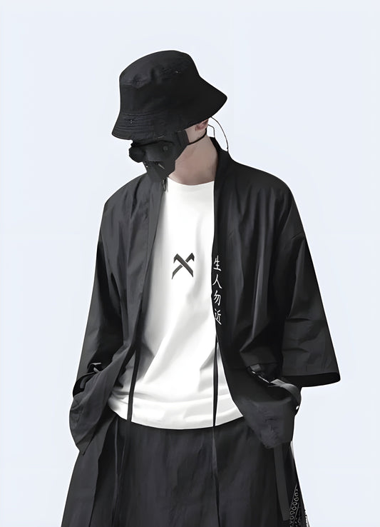 Stylish black techwear kimono for men, featuring a modern take on traditional Japanese fashion, perfect for the canada urban streetwear scene.