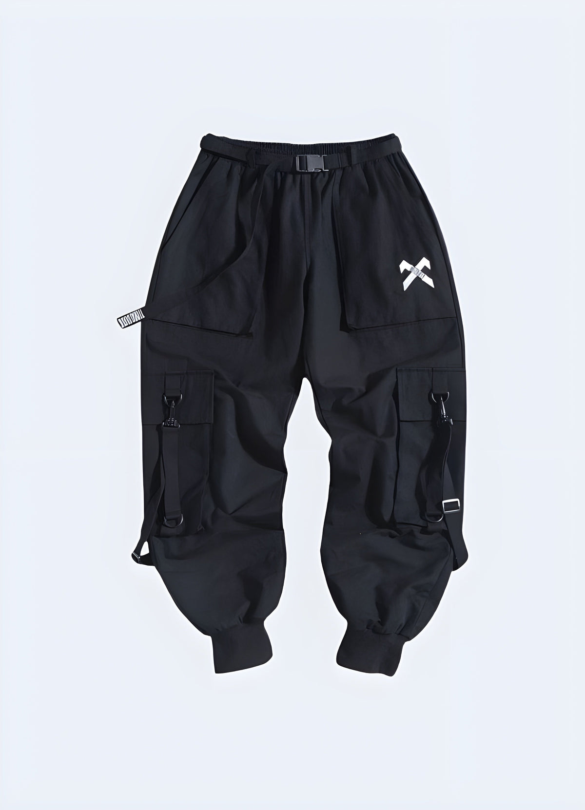 Close crop of the black techwear pants hem and lower leg shape