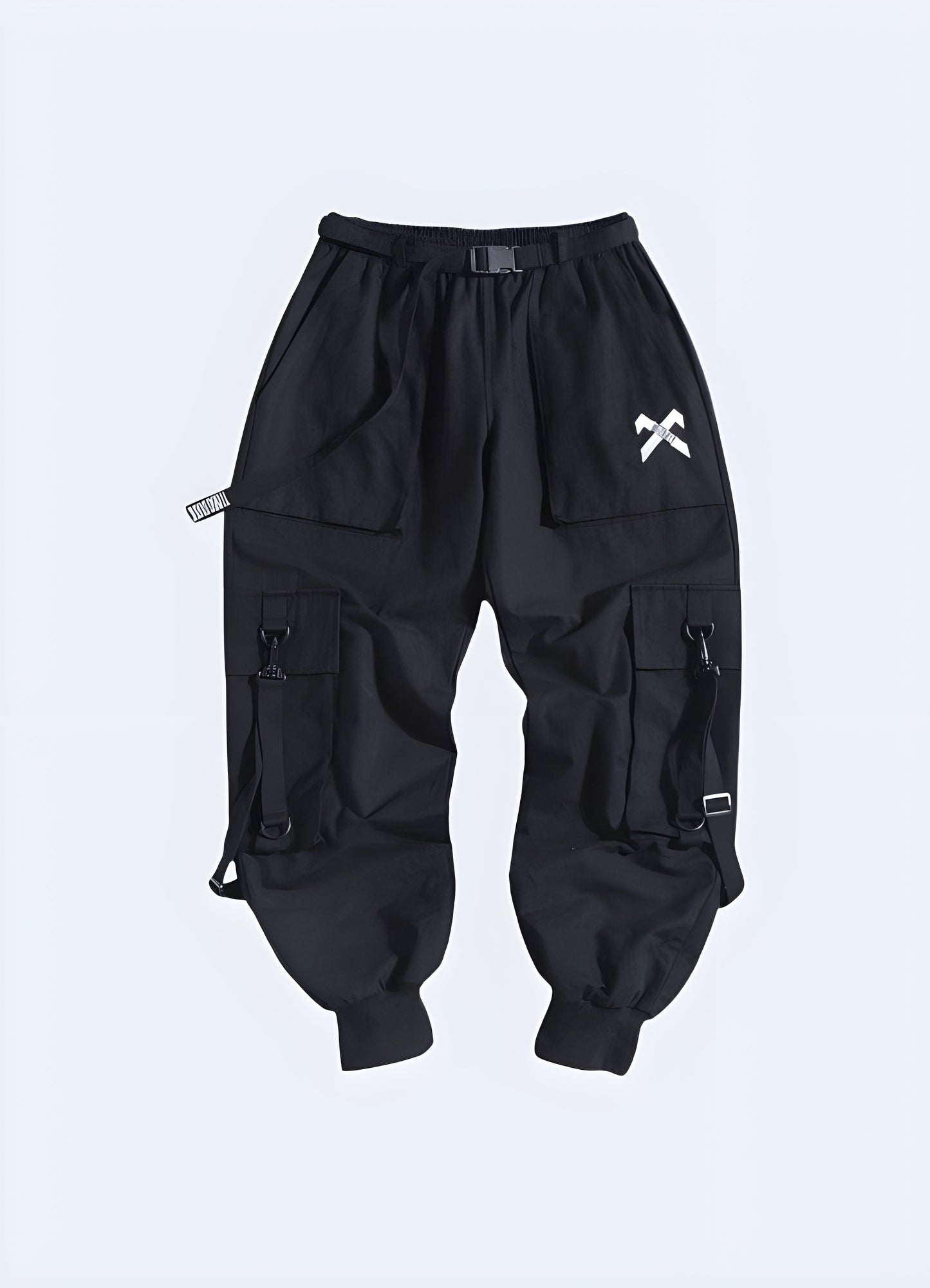 Front view of high-quality black techwear pants showcasing their sleek design, perfect for fashion-forward individuals in Canada.