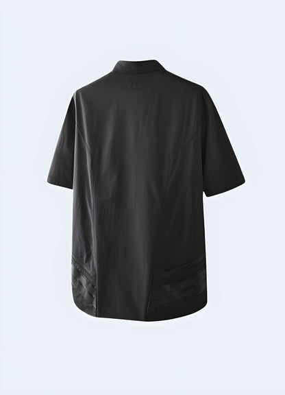 Back view of a black techwear shirt showcasing its minimalist design and functional features, perfect for fashion-forward individuals in the canada.