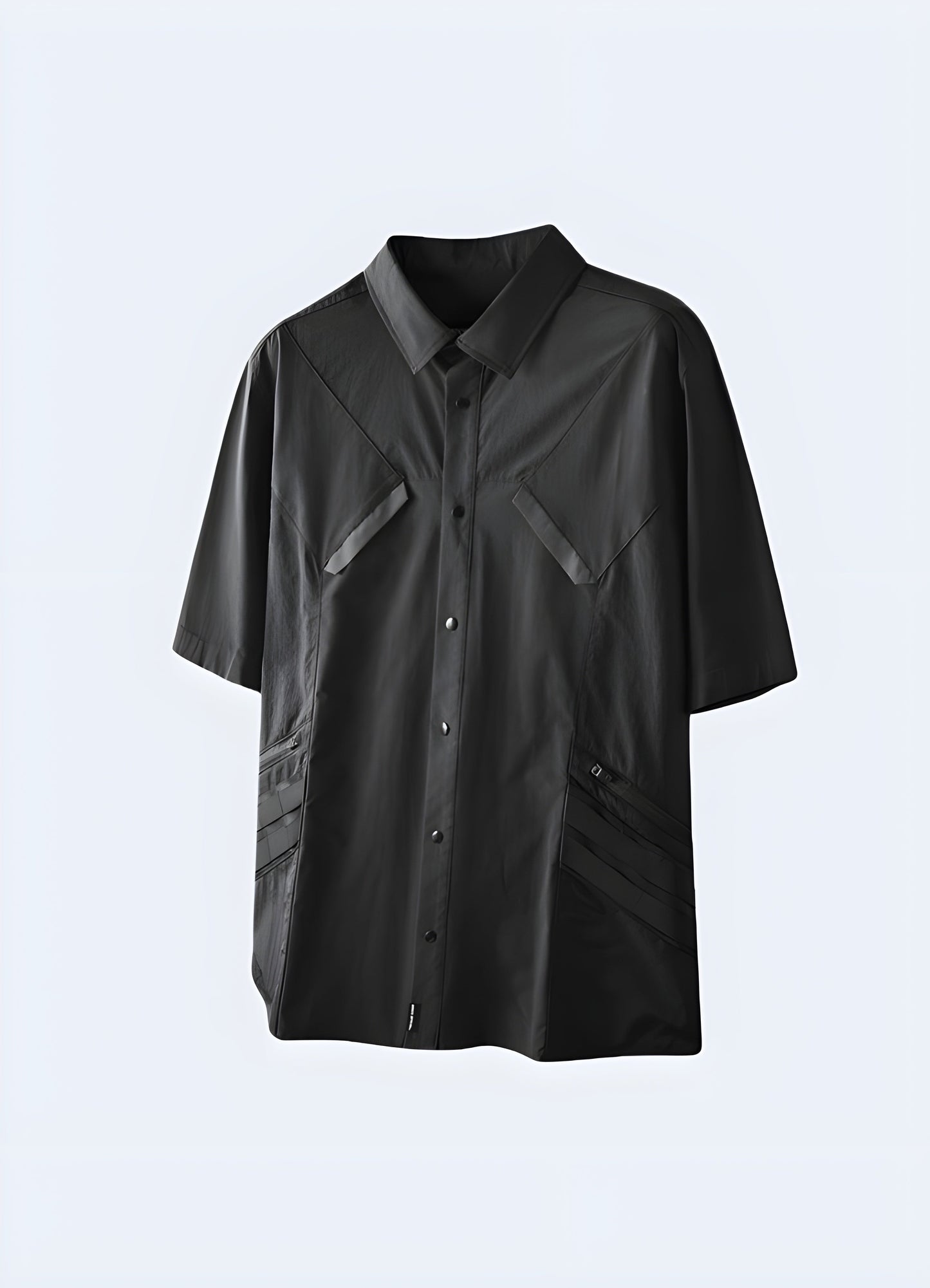 Sleek black techwear shirt designed for urban exploration and everyday wear in the canada.