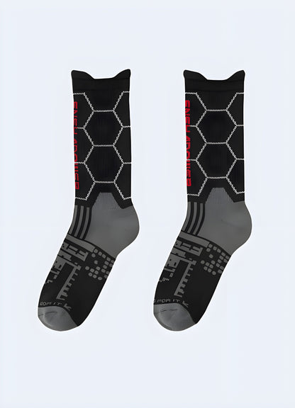 Black techwear compression socks for improved circulation and support, suitable for sports and everyday wear in the Canada.