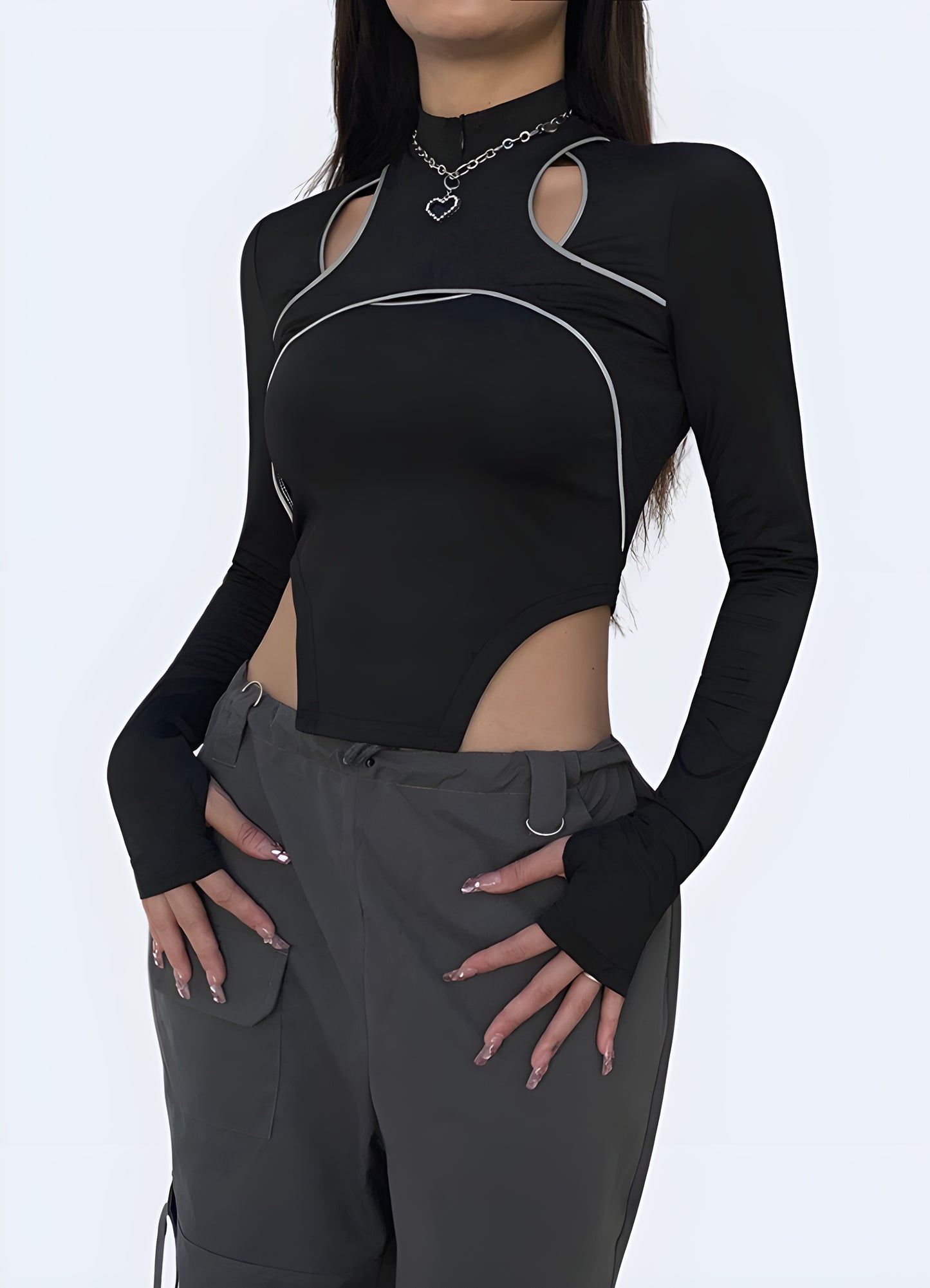 Front view of a woman wearing a classic black turtleneck bodysuit, showcasing its figure-flattering silhouette and timeless style for Canada wearers.