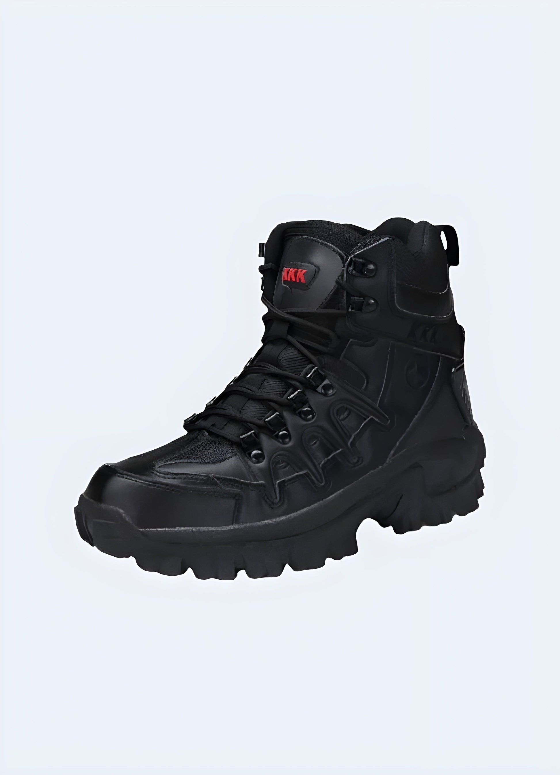 Front side view of black waterproof techwear boots, showcasing their rugged design and advanced waterproofing technology, perfect for tackling Canada rain and outdoor adventures.