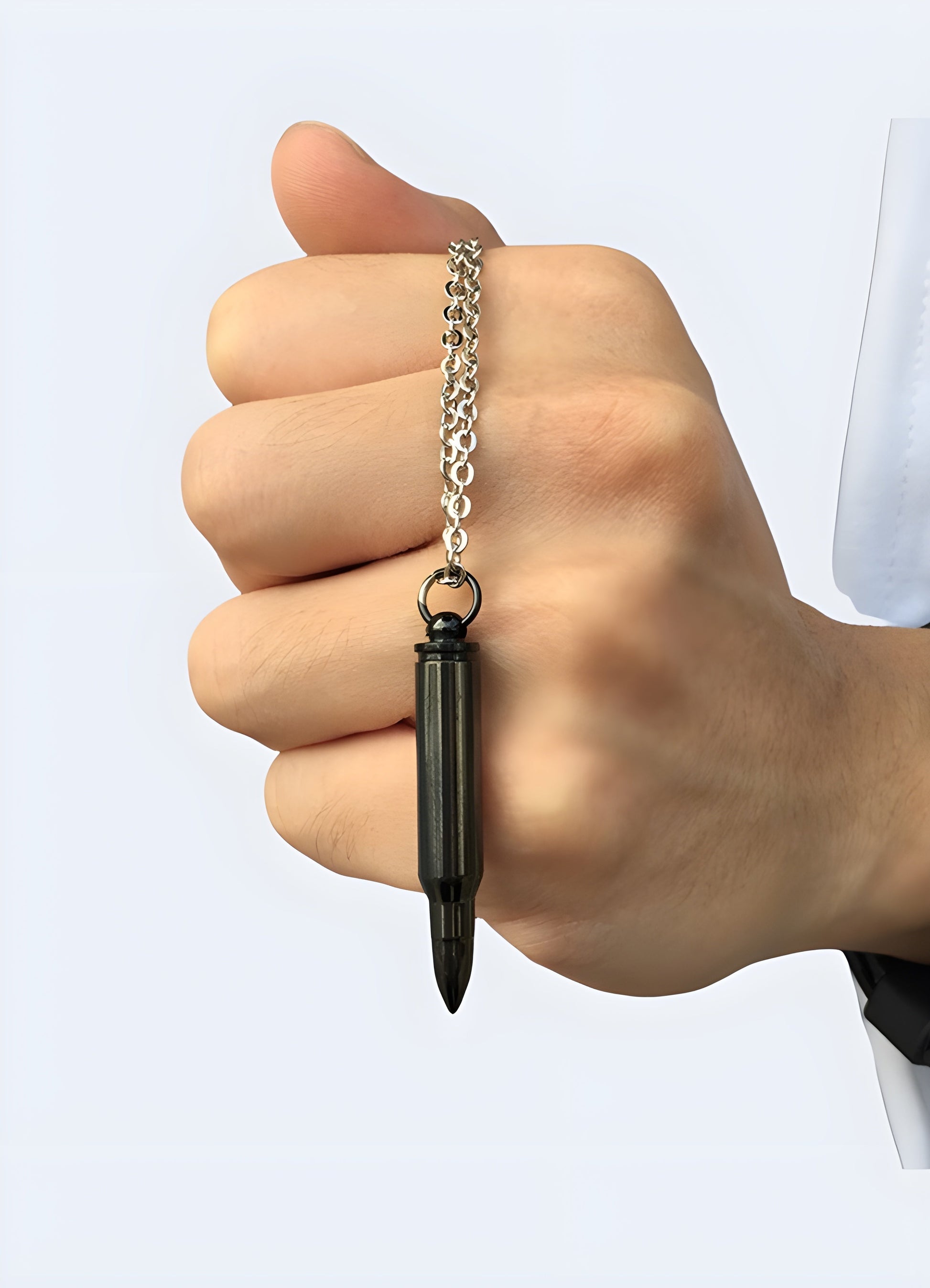 Bullet necklace in black front view on a model, Canada, highlighting its bold and striking appearance.