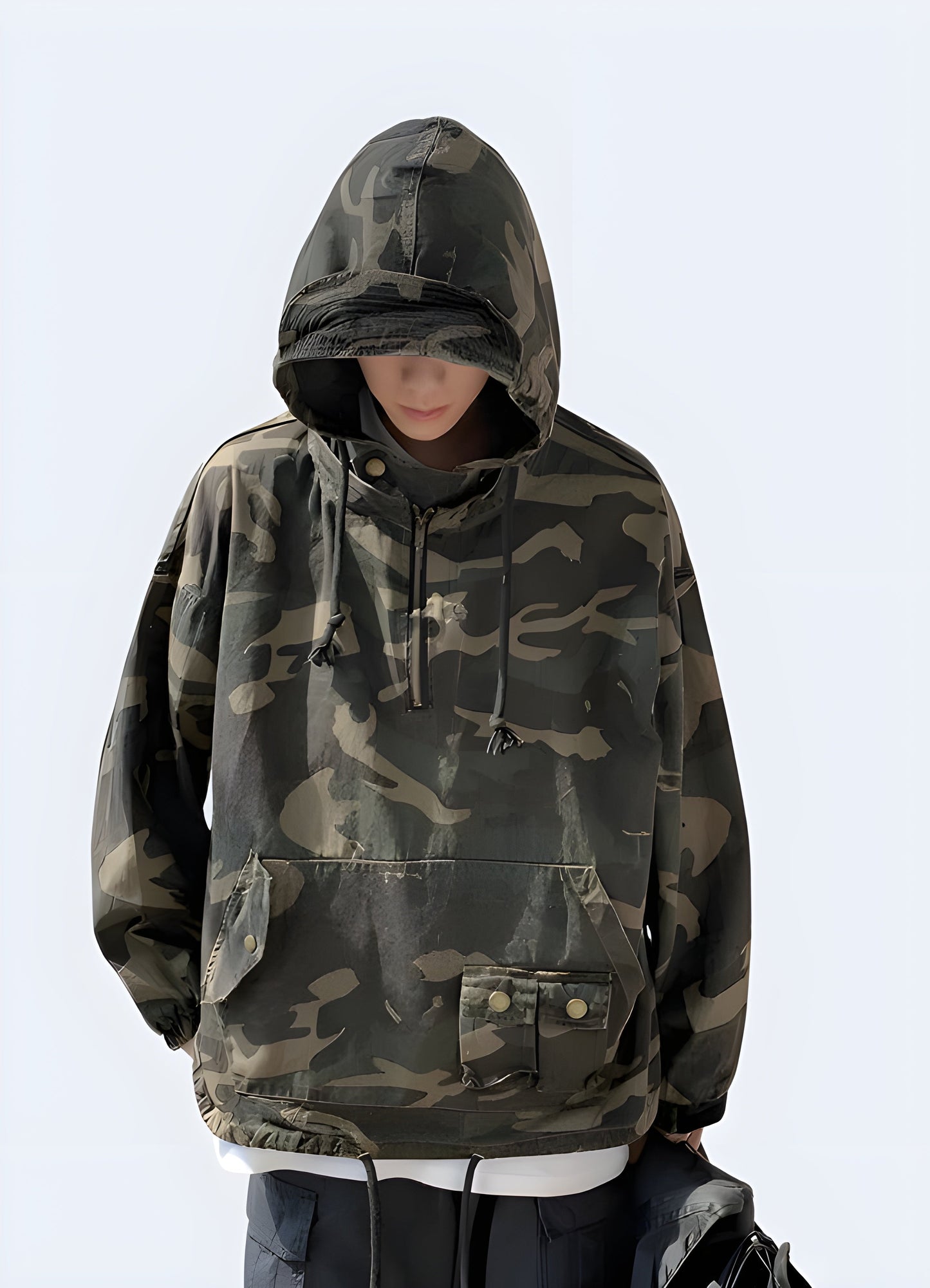 Stylish camouflage print cargo jacket with multiple pockets, perfect for outdoor adventures and casual wear in Canada.