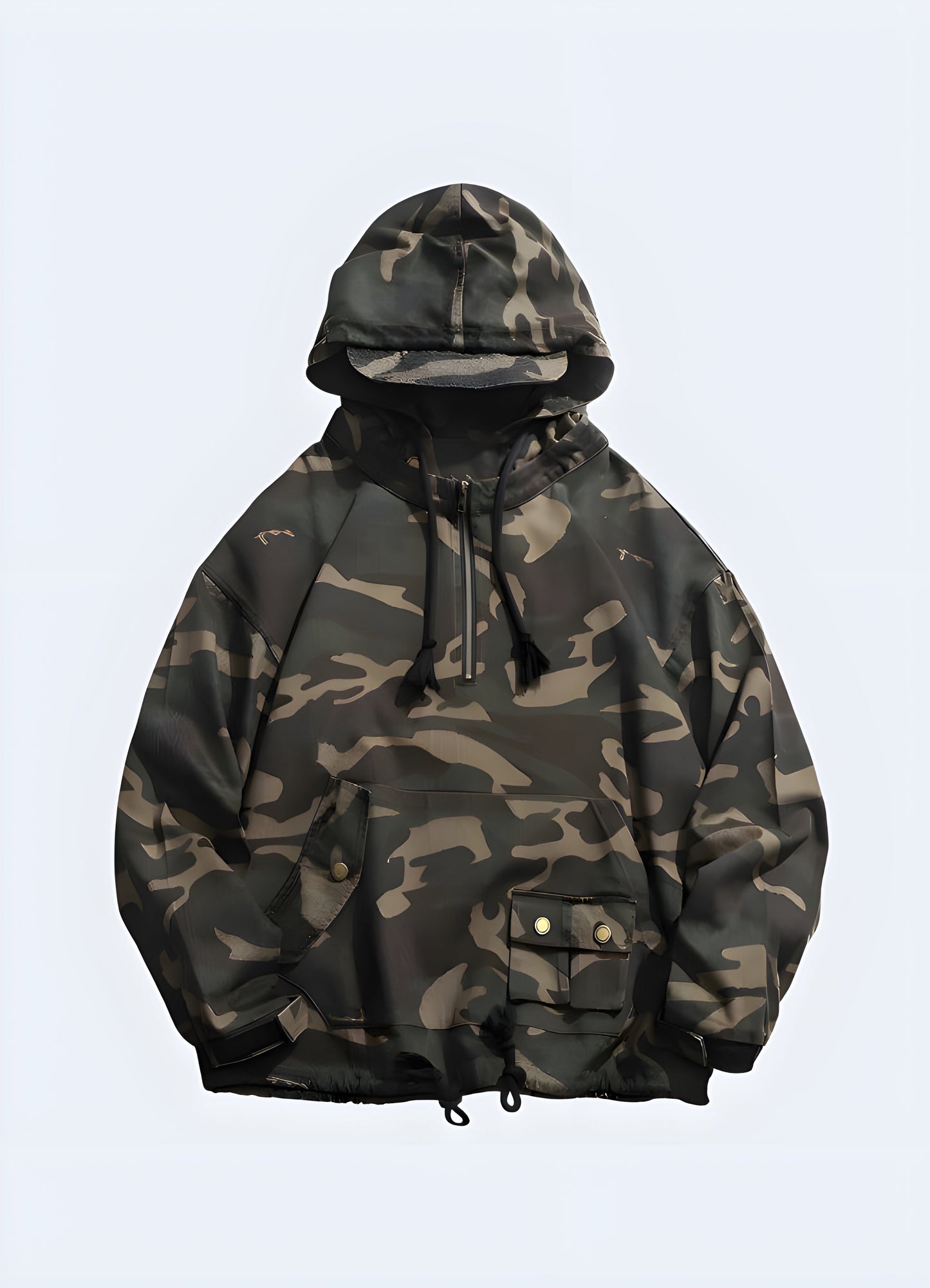 Front view of a fashionable camouflage print cargo jacket with practical pockets, ideal for Canadians who love outdoor activities and trendy style.