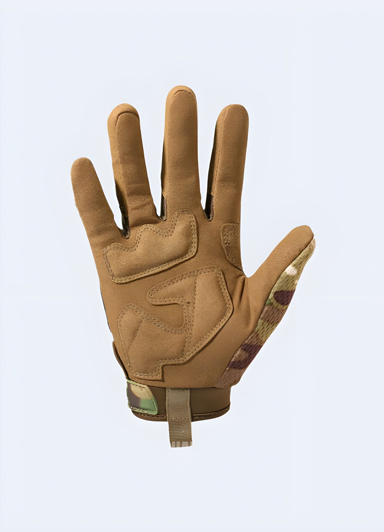 Back view of camo tactical gloves showing reinforced knuckles and additional leather reinforcements, offering high protection and durabilityn Canada.
