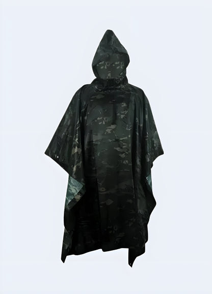 A person wearing a versatile camo tactical poncho in various Canadian environments, showcasing the garment's adaptability and functionality for outdoor adventures.