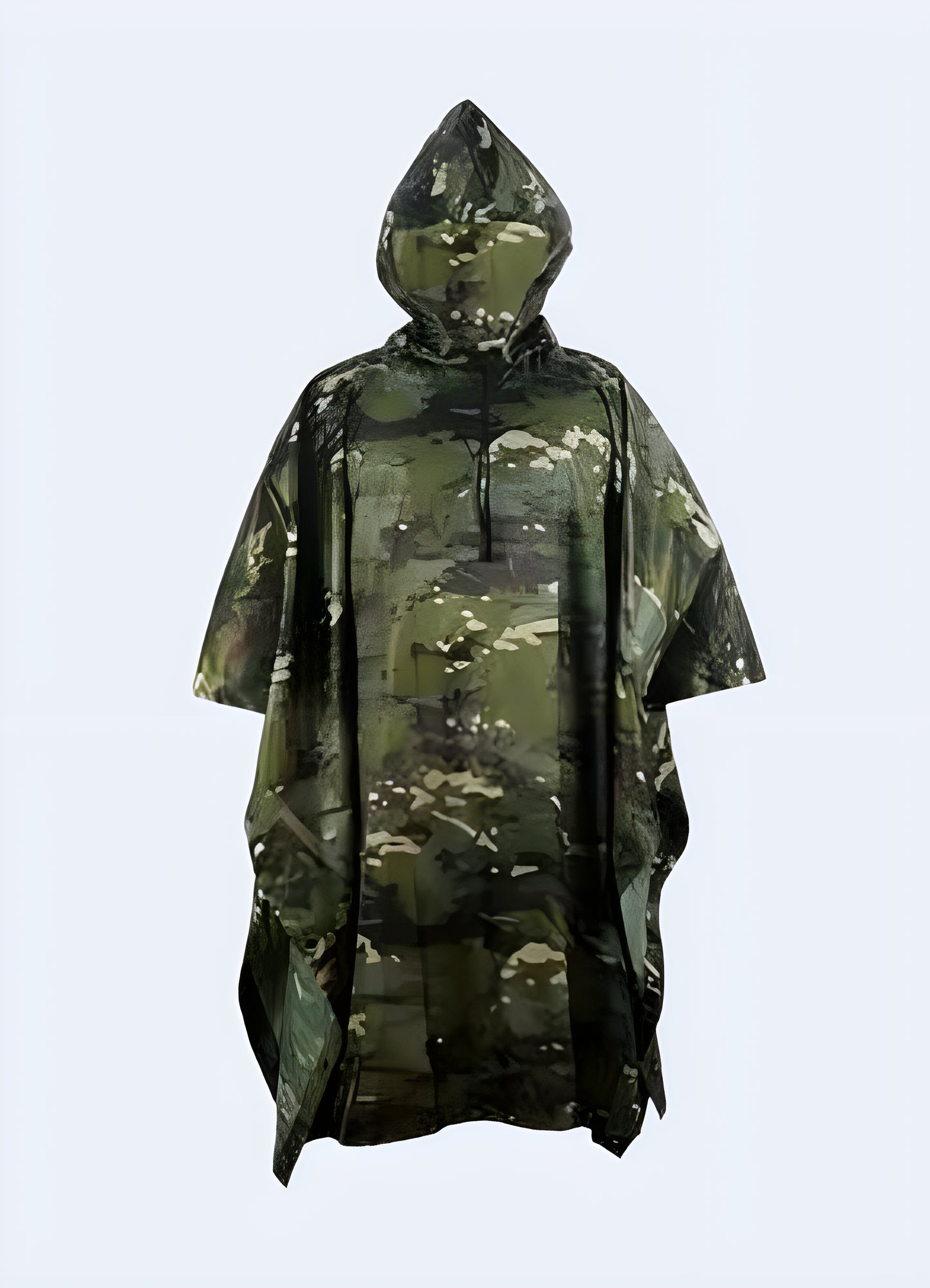 A person donning a reliable camo tactical poncho in a dense Canadian forest, showcasing the garment's versatility and camouflage properties for woodland adventures.