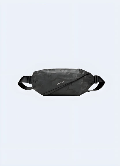 Front view of a camouflage sling bag showcasing its contemporary design and practical features for the Canada.