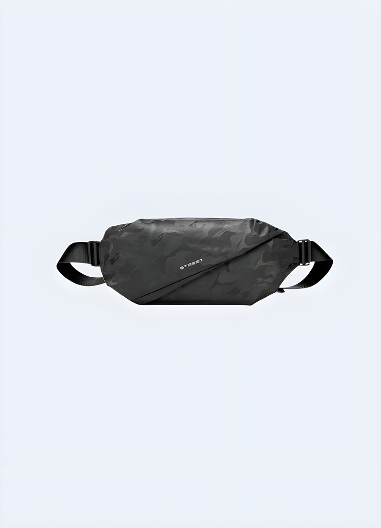 Front view of a camouflage sling bag showcasing its contemporary design and practical features for the Canada.