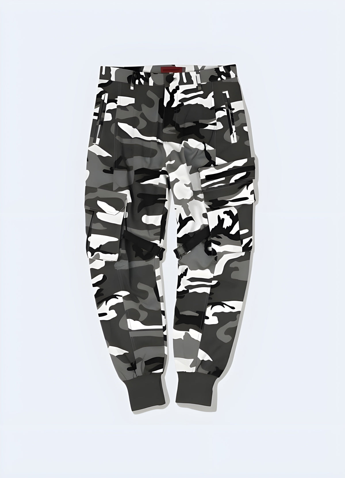 Camouflage cargo pants shown from the back, full length, showing the print across every panel