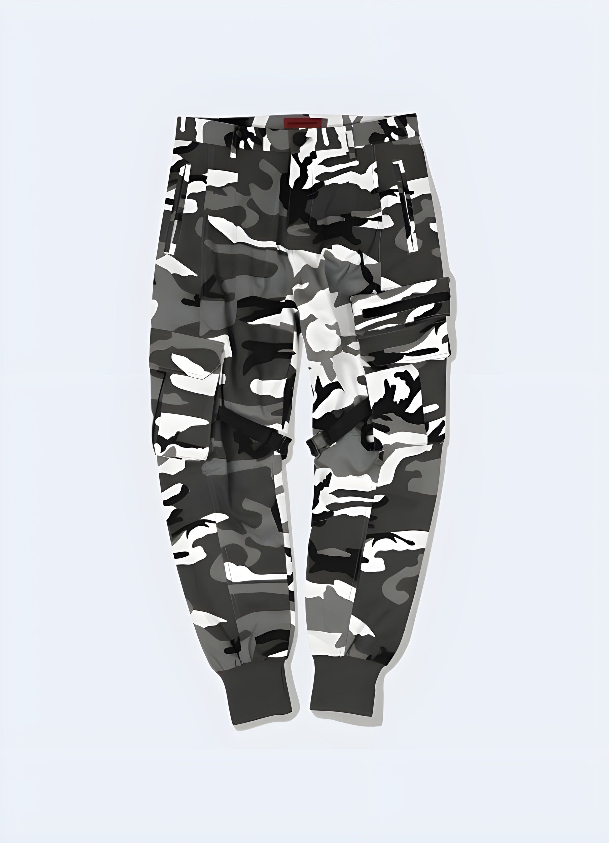 Front view of camouflage tactical pants showcasing the classic camo pattern, reinforced panels, and functional design, ideal for both practical use and style-conscious individuals in Canada.