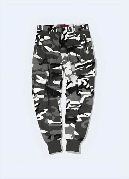 Front view of camouflage tactical pants showcasing the classic camo pattern, reinforced panels, and functional design, ideal for both practical use and style-conscious individuals in Canada.