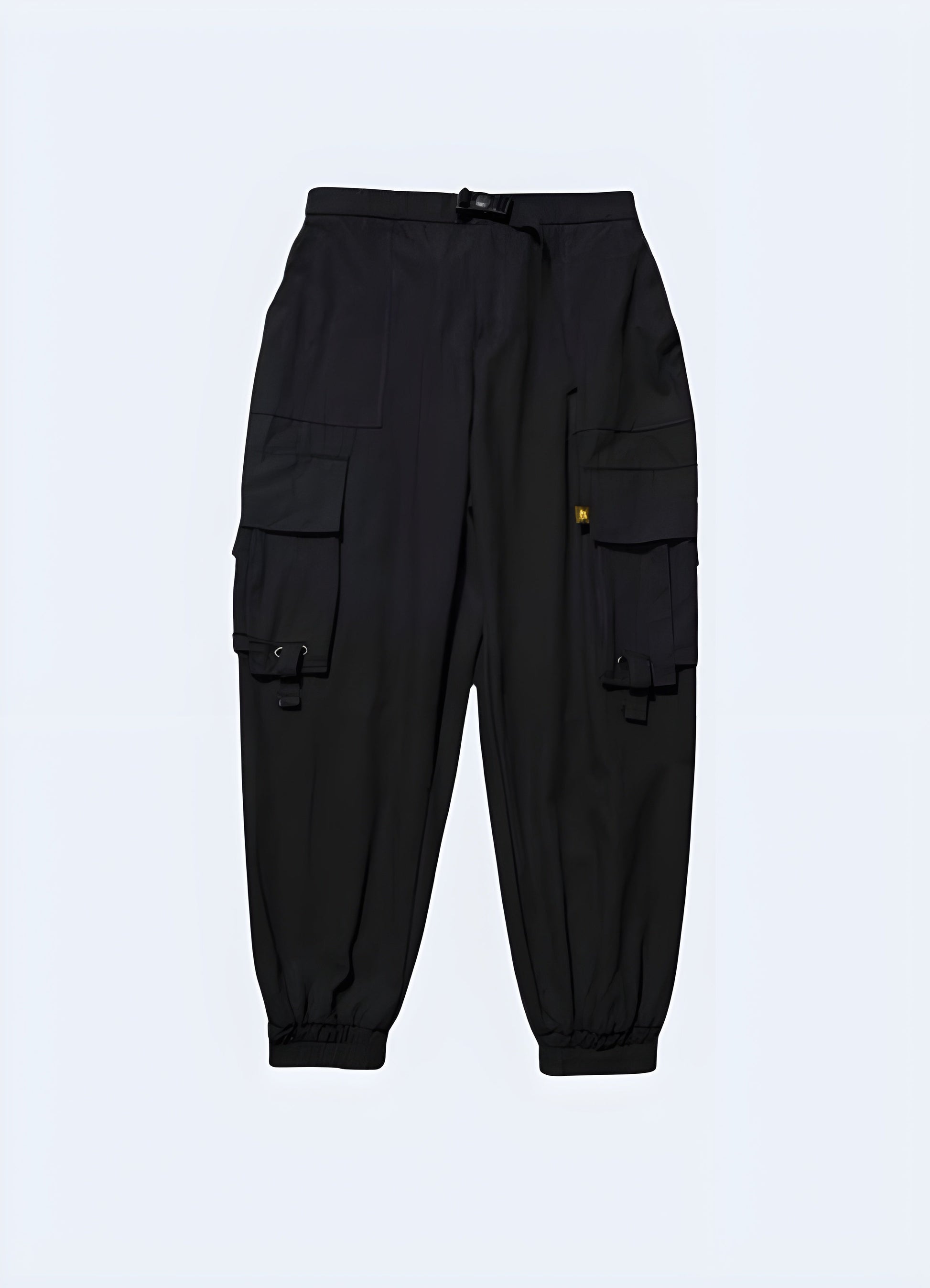 Futuristic black techwear cargo pants with adjustable straps and functional pockets, front view, CANADA urban style.