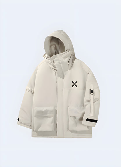 White streetwear padded jacket, front view, perfect for braving Canada's cold weather while looking sleek and urban. 