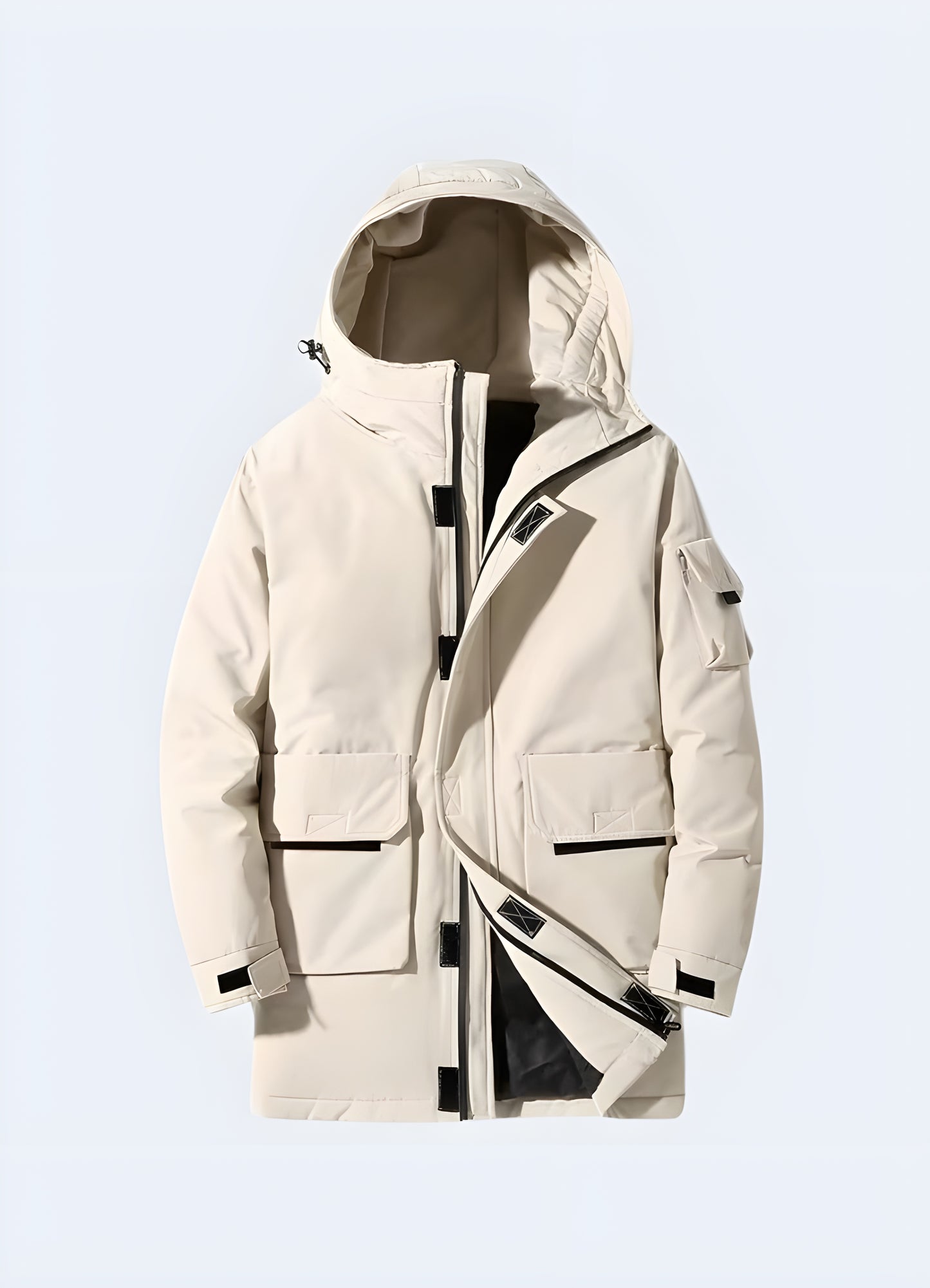 White streetwear padded jacket, front view, perfect for braving Canada's cold weather while looking sleek and urban. 