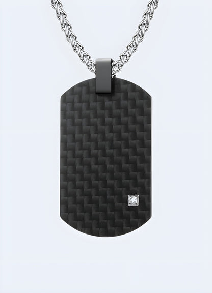 Silver carbon fiber techwear pendant from the Canada featuring a sleek and modern design for a futuristic look.