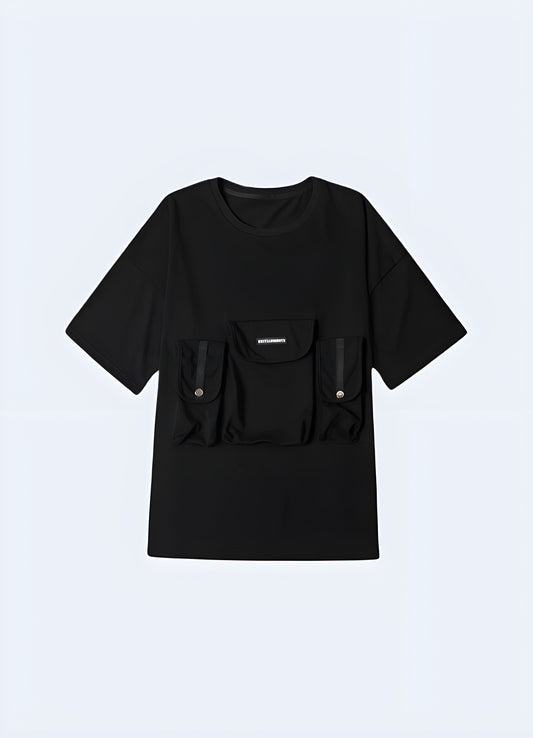 Stylish cargo front pocket black t-shirt available in Canada, showcasing a trendy and functional design.