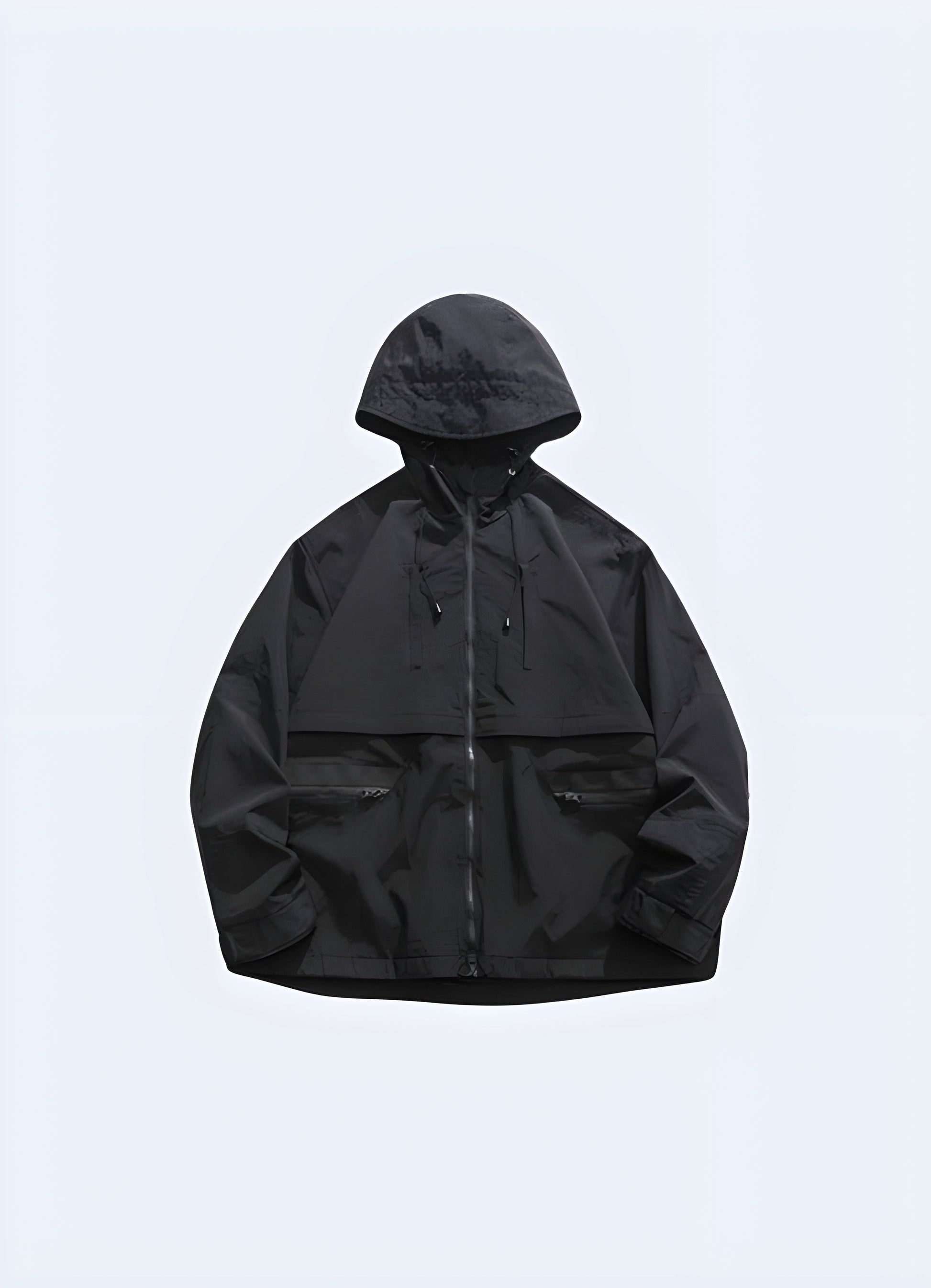 Cargo jacket with an integrated hood, designed for versatile functionality and style in Canada's urban environments and outdoor adventures. Front view of a cargo jacket with a hood showcasing its multiple utility pockets, adjustable features, and durable construction, perfect for storing essentials and staying protected in Canada's diverse climates.