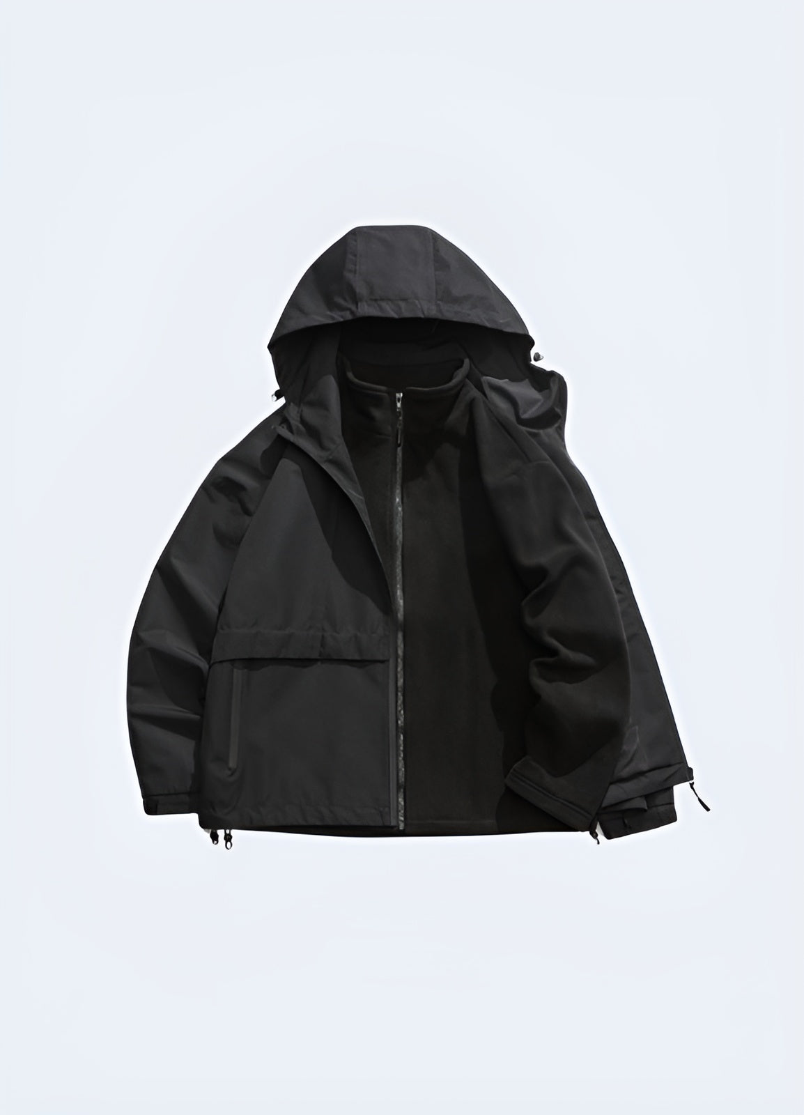 Cargo jacket with an integrated hood, designed for versatile functionality and style in Canada's urban environments and outdoor adventures. Front view of a cargo jacket with a hood showcasing its multiple utility pockets, adjustable features, and durable construction, perfect for storing essentials and staying protected in Canada's diverse climates.