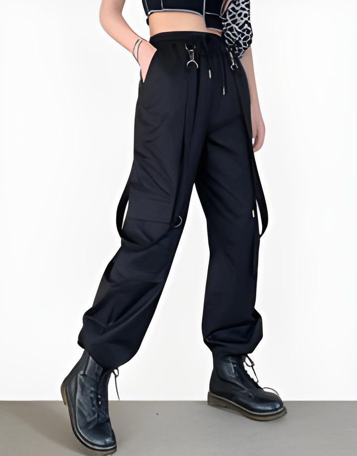 Stylish and functional techwear cargo pants with straps for women, perfect for urban exploration and fashion-forward looks in the Canada.