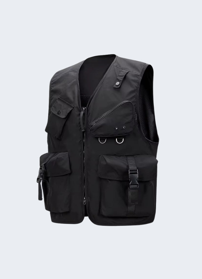 Side view trendy cargo vest for streetwear, featuring multiple pockets, available in Canada.
