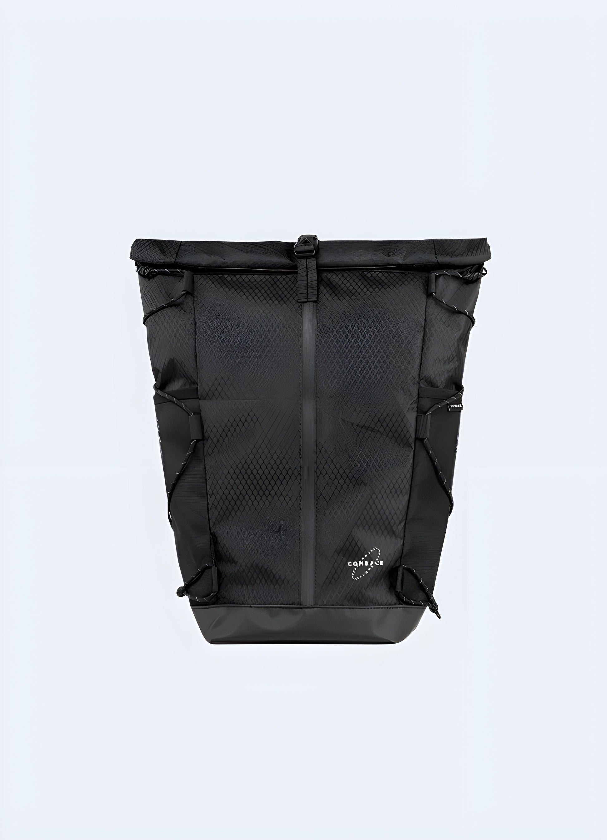 Front view of a black comeback backpack, showcasing its sleek design, sturdy material, and minimalist style Canada.