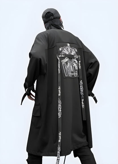 A back view of the minimalist Japanese-style trench coat, highlighting the slim tailored fit.