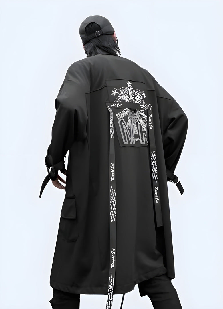 A back view of the minimalist Japanese-style trench coat, highlighting the slim tailored fit.