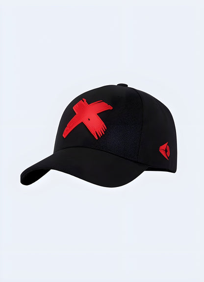 A redcap with a prominent cross design on the front, shown from the front view Canada.