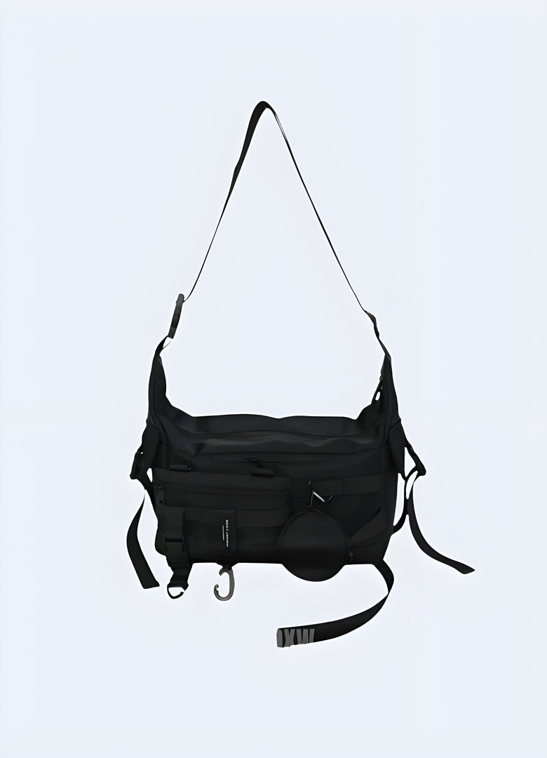 Black cross-chest bag front view, Canada. Sleek and versatile accessory.