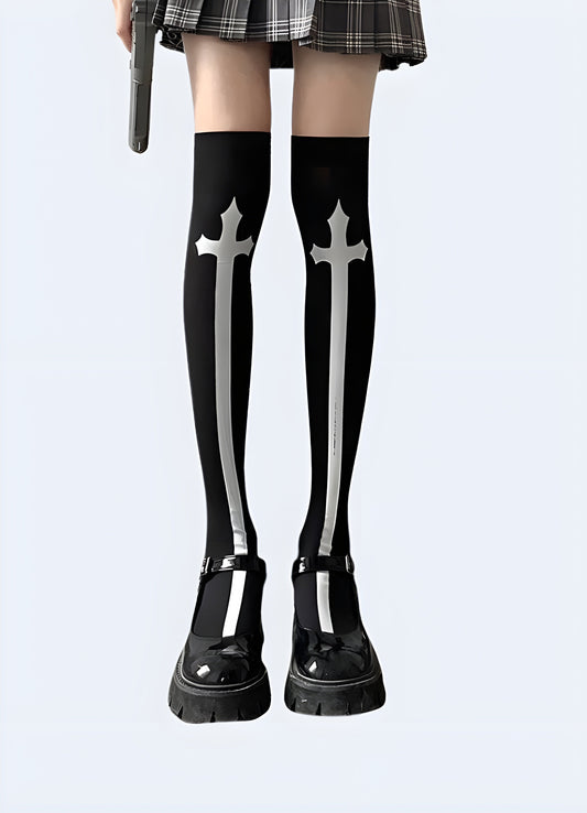 Stylish cross knee-high socks for women, featuring a trendy design and comfortable fit, perfect for upgrading your Canada wardrobe.