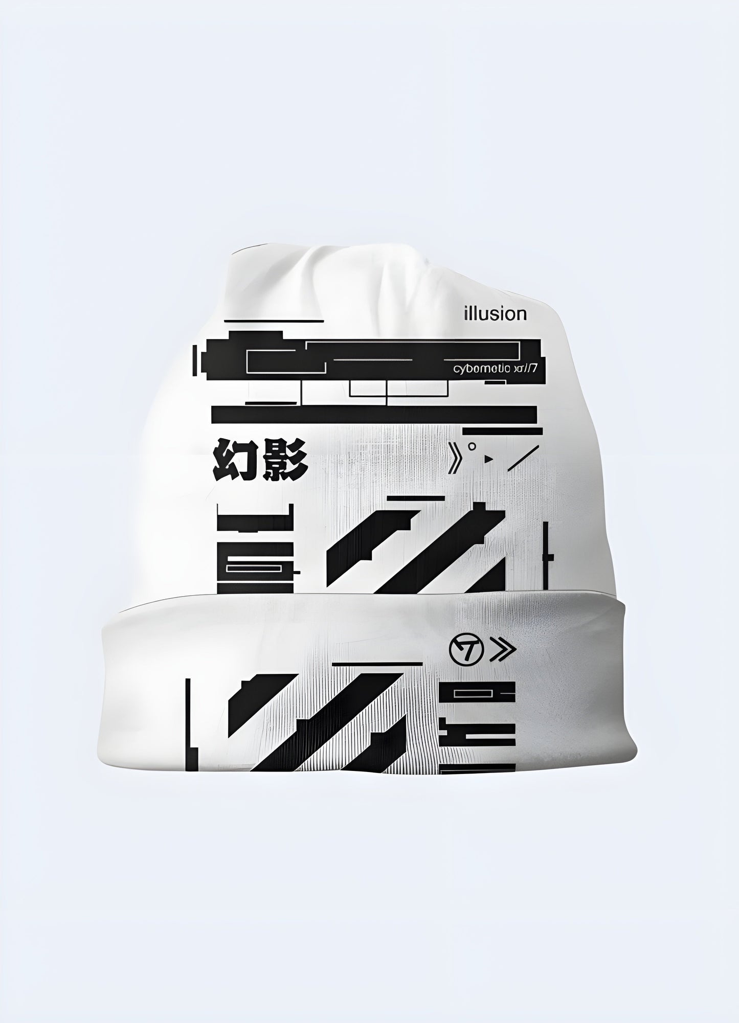 A front view of a white beanie with a cyber-style design, featuring a minimalist, futuristic look.