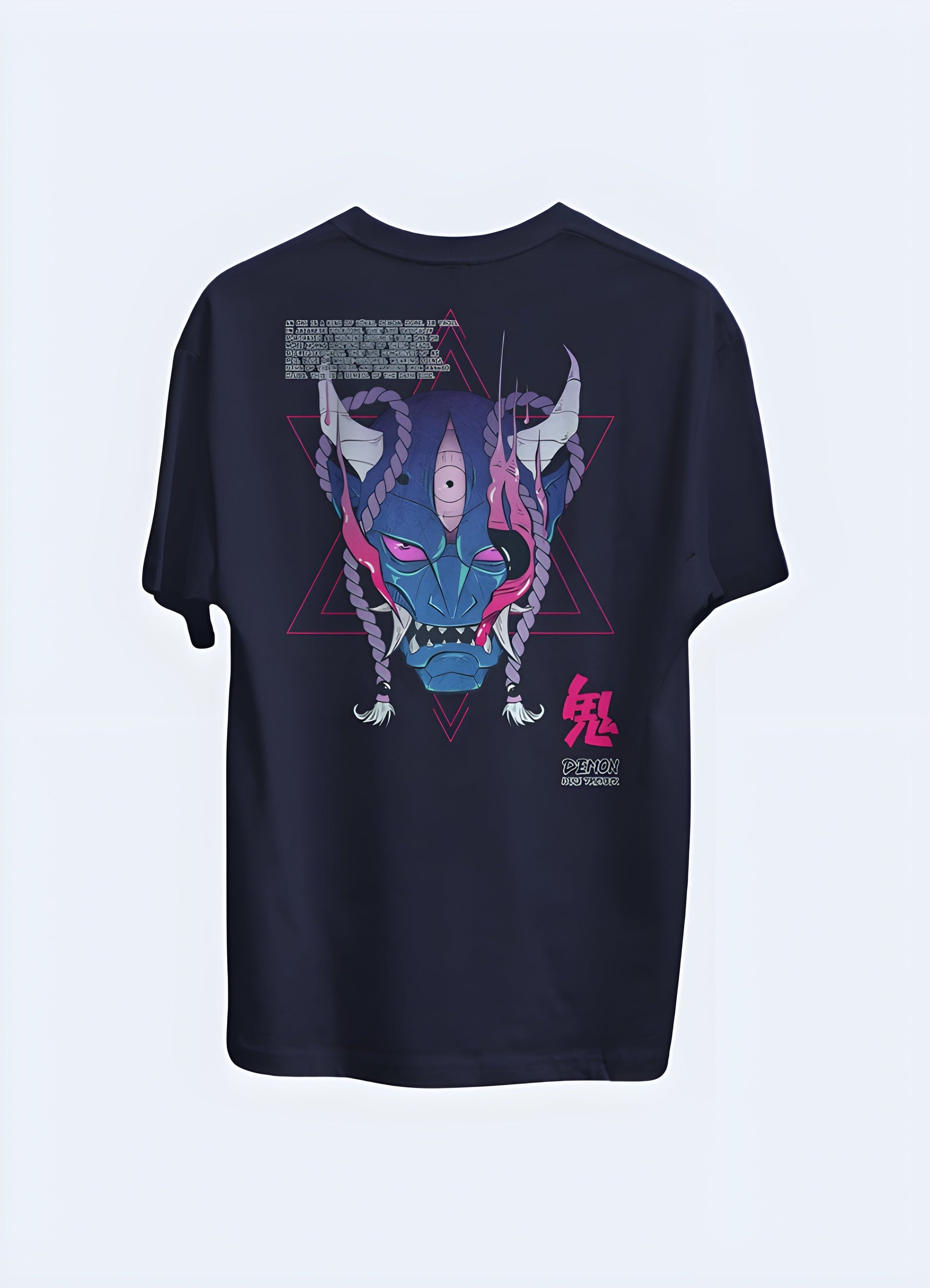 Front view of a unique t-shirt showcasing a cybernetic oni demon, blending traditional Japanese mythology with futuristic elements for a striking look in the canada.