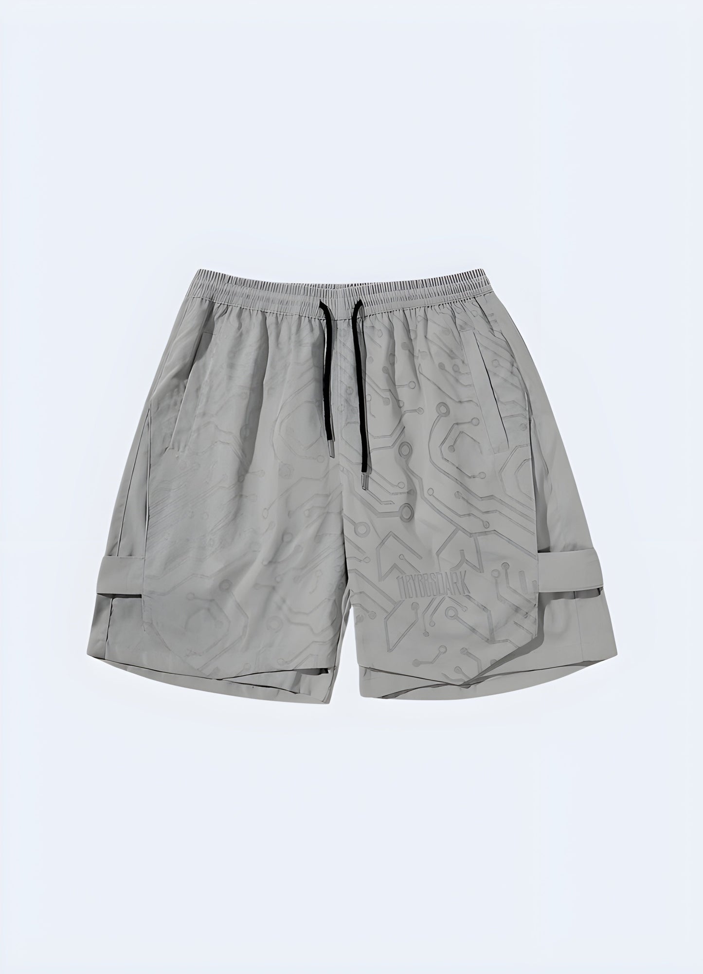 Front view of grey cybernetic shorts, showcasing the sleek and modern design, ideal for making a statement in the urban fashion scene.