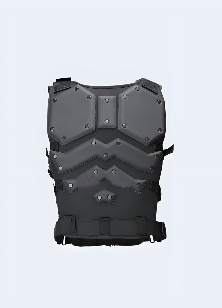Cyberpunk 2077 tactical vest, back view, showcasing detailed design and craftsmanship, available in Canada.