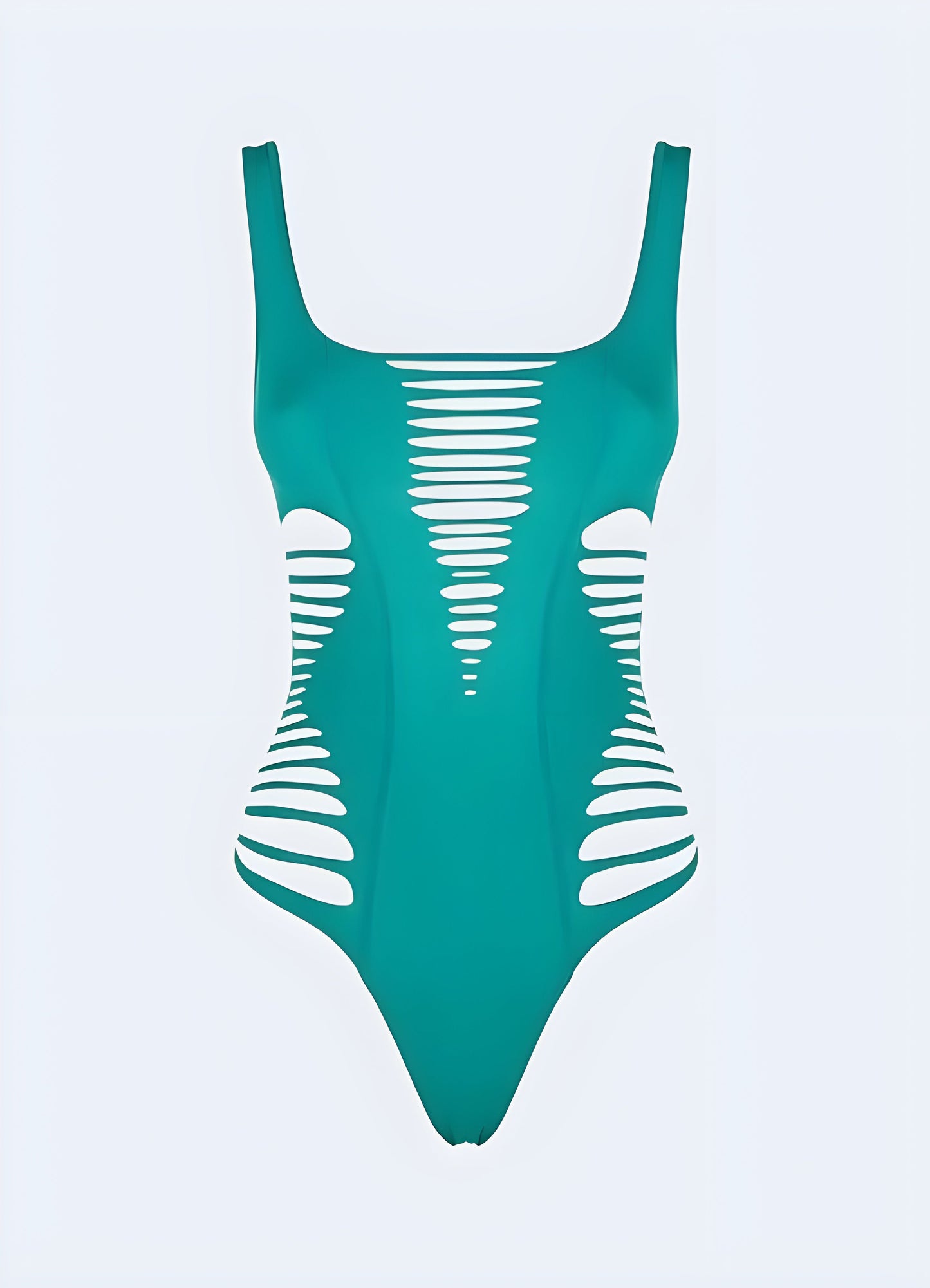 Eye-catching green cyberpunk bikini displayed from the front, boasting unique design details and a futuristic vibe that's sure to turn heads at any beach or pool party in the Canada.