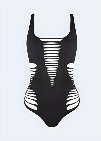 Futuristic cyberpunk bikini with edgy design elements, perfect for making a bold statement at the beach or pool in the Canada.