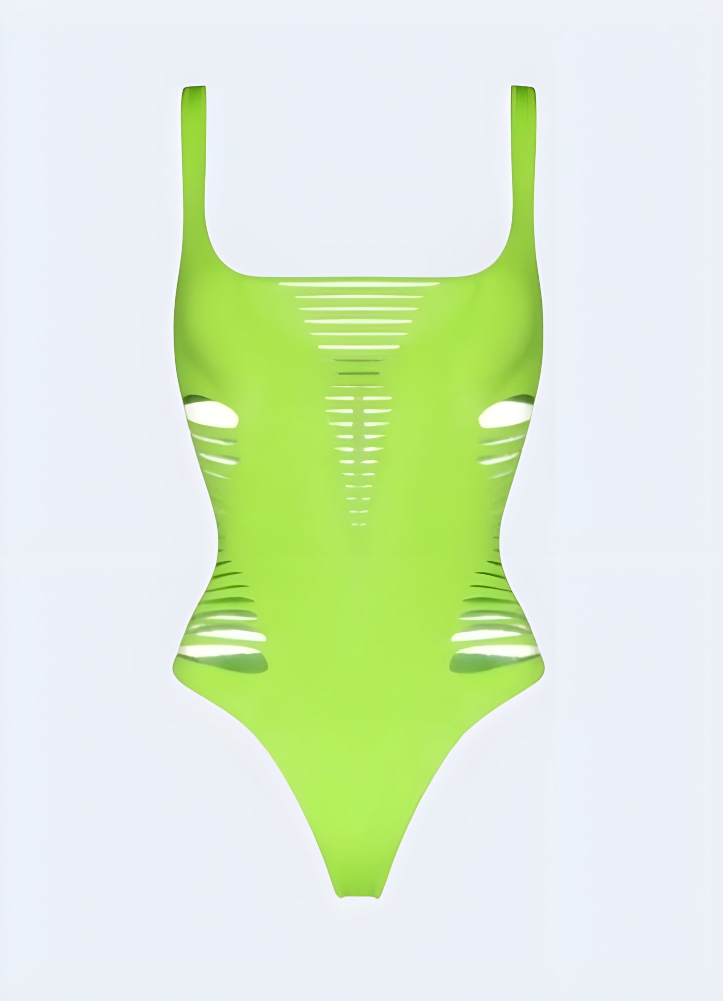 Striking green cyberpunk bikini showcased from the front view, featuring innovative materials and cutting-edge style for a daring summer look.