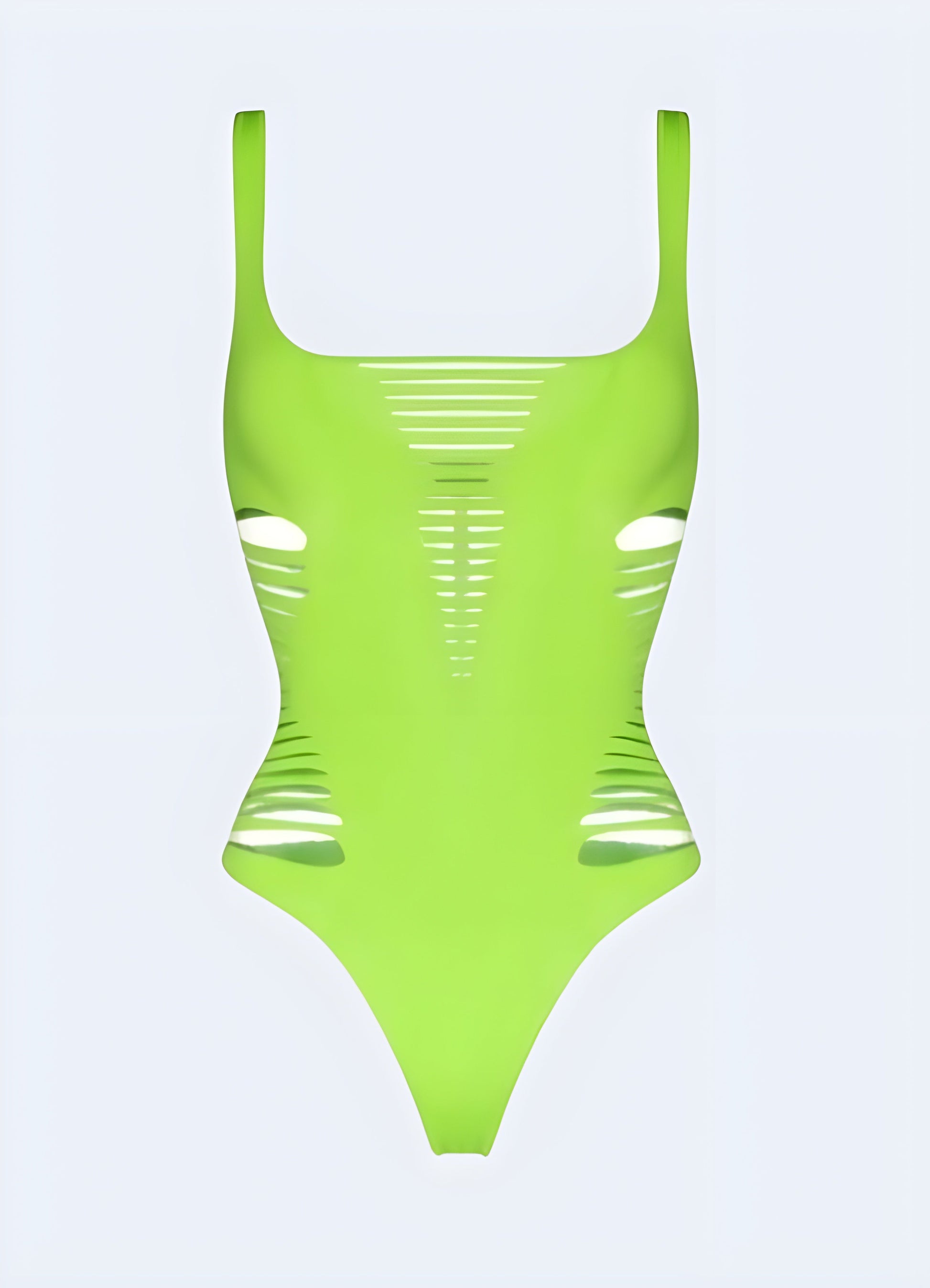 Striking green cyberpunk bikini showcased from the front view, featuring innovative materials and cutting-edge style for a daring summer look.