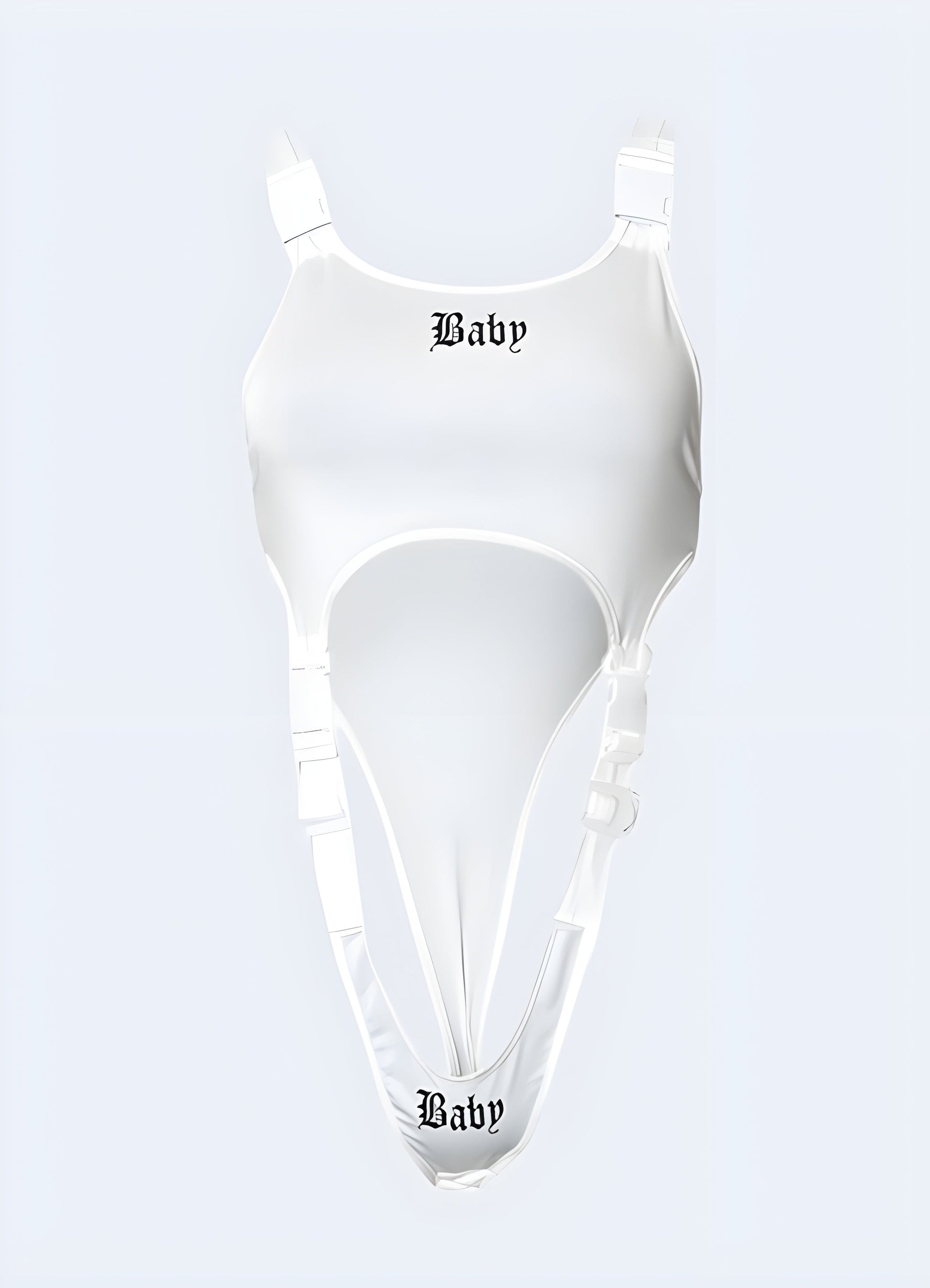 Stylish white cyberpunk bodysuit with a futuristic design, front view showcasing its unique appeal for Canada fashion-forward individuals.