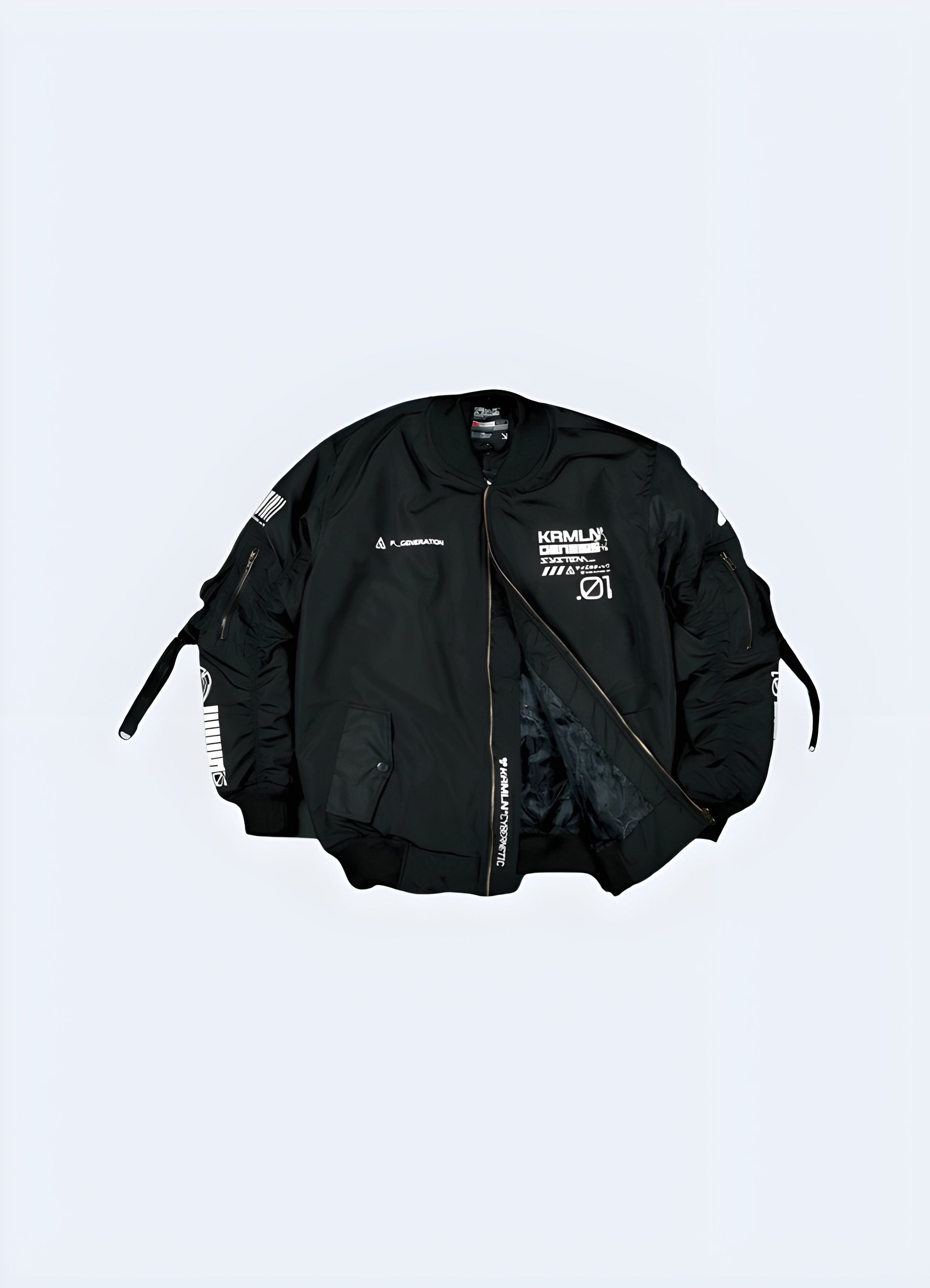 Front view of a black cyberpunk bomber jacket showcasing its unique design elements, multiple utility pockets, and sleek silhouette, perfect for expressing a cutting-edge fashion sense in Canada's dynamic environments.