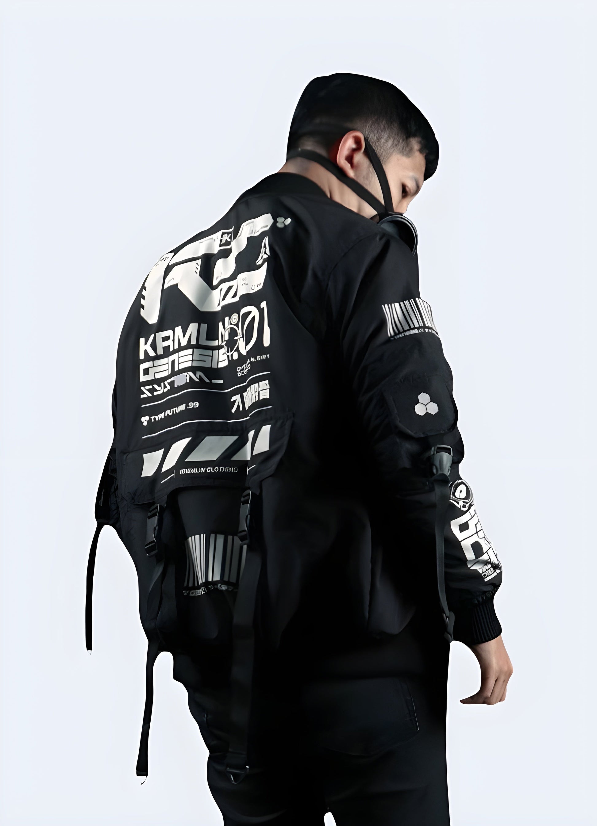 Cyberpunk bomber jacket with a futuristic design and advanced features, crafted for making a bold statement while navigating Canada's urban landscapes in style and comfort.