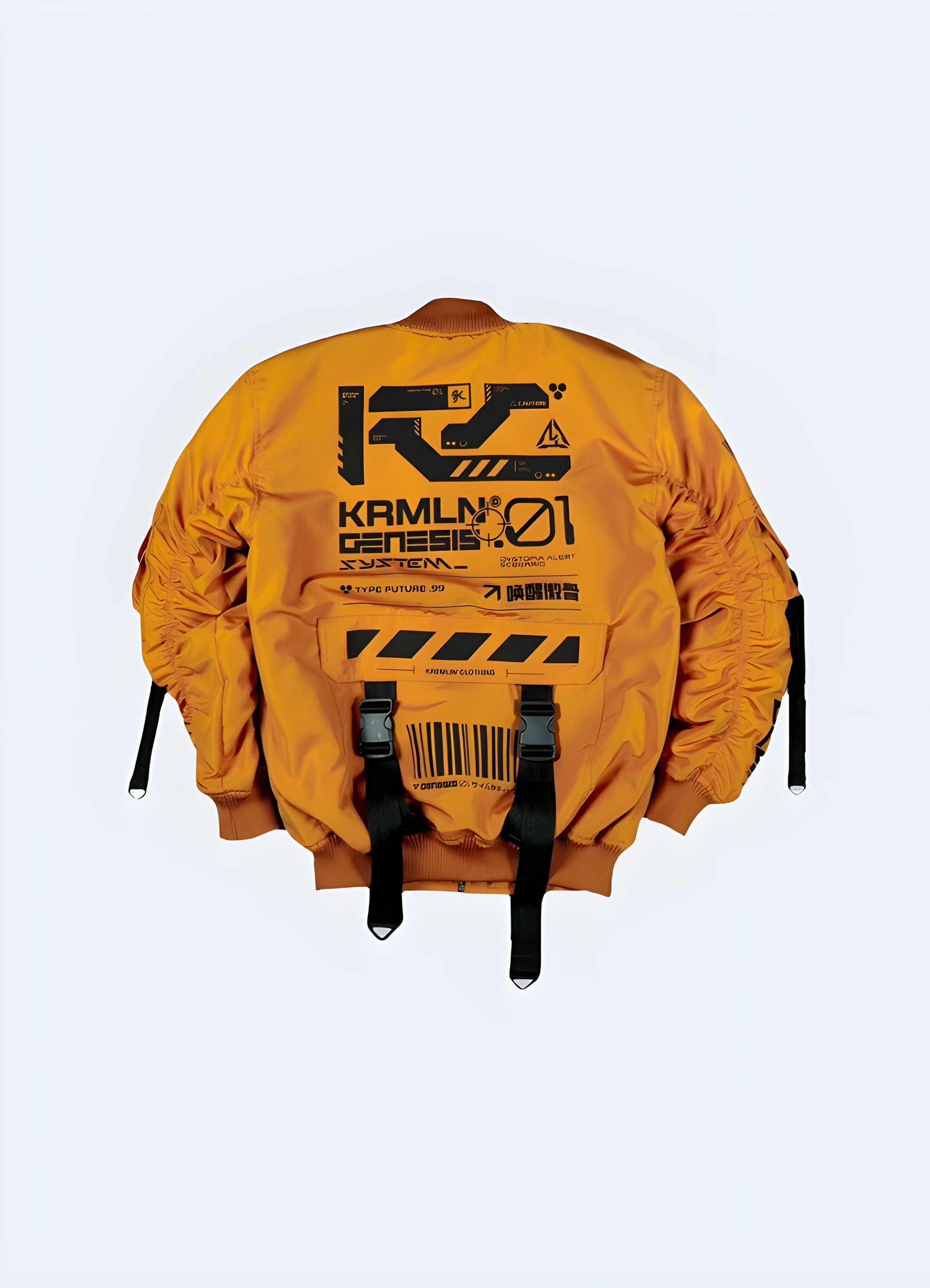 Back view of an orange cyberpunk bomber jacket showcasing its cutting-edge design, multiple utility pockets, and durable construction, perfect for making a striking visual statement in Canada's urban environments.