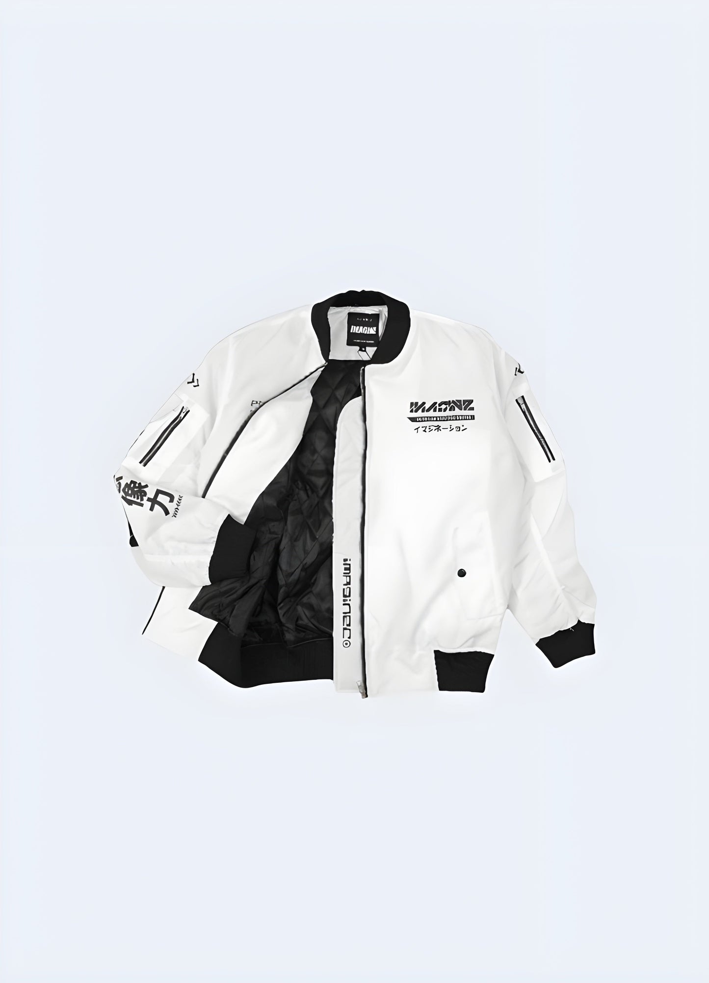 White cyberpunk bomber jacket with a modern, futuristic design and functional features, ideal for standing out while navigating Canada's city streets in style and comfort.