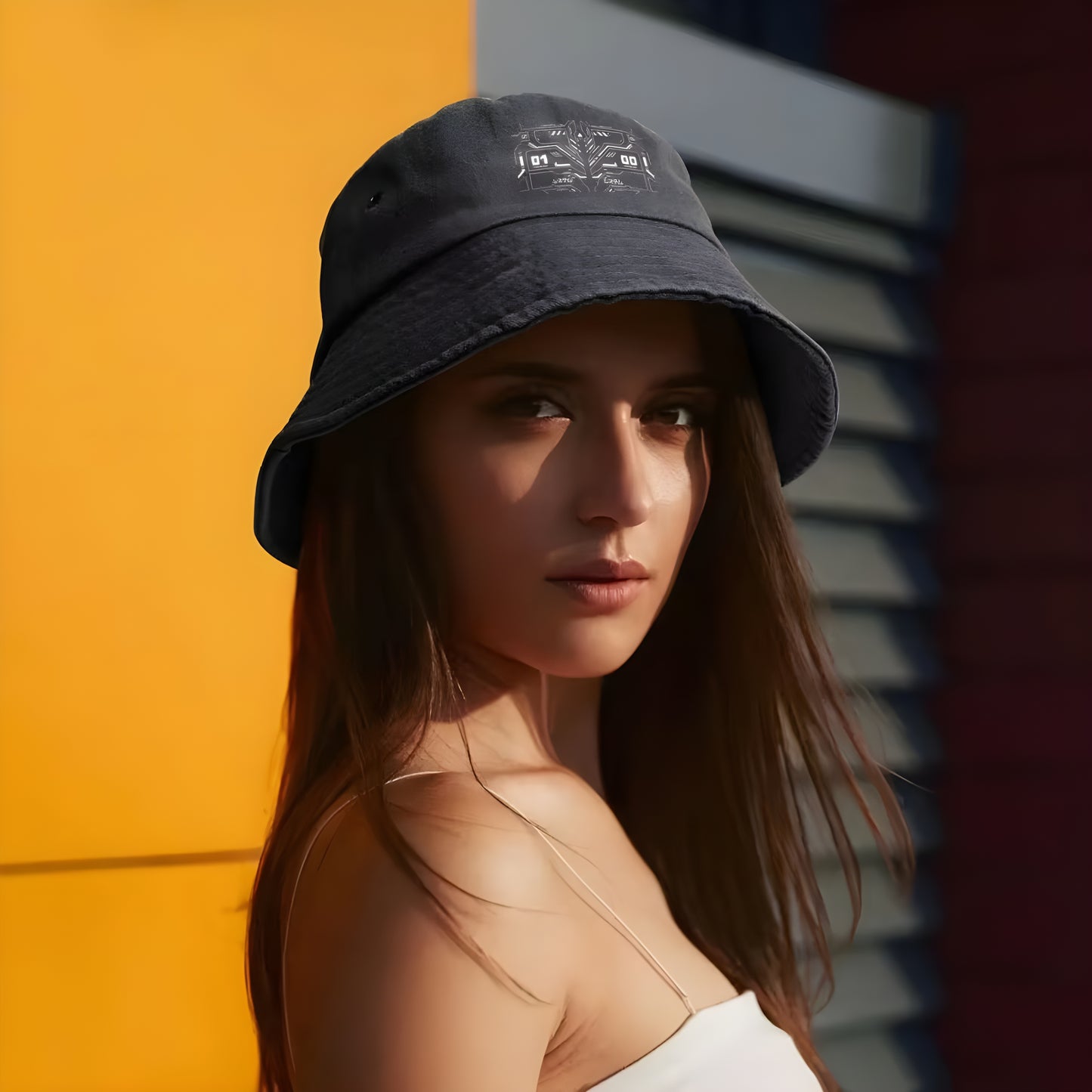 A model wearing a black cyberpunk bucket hat, shown from the front to highlight the hat’s sleek design and its role in completing a cyberpunk-inspired look.