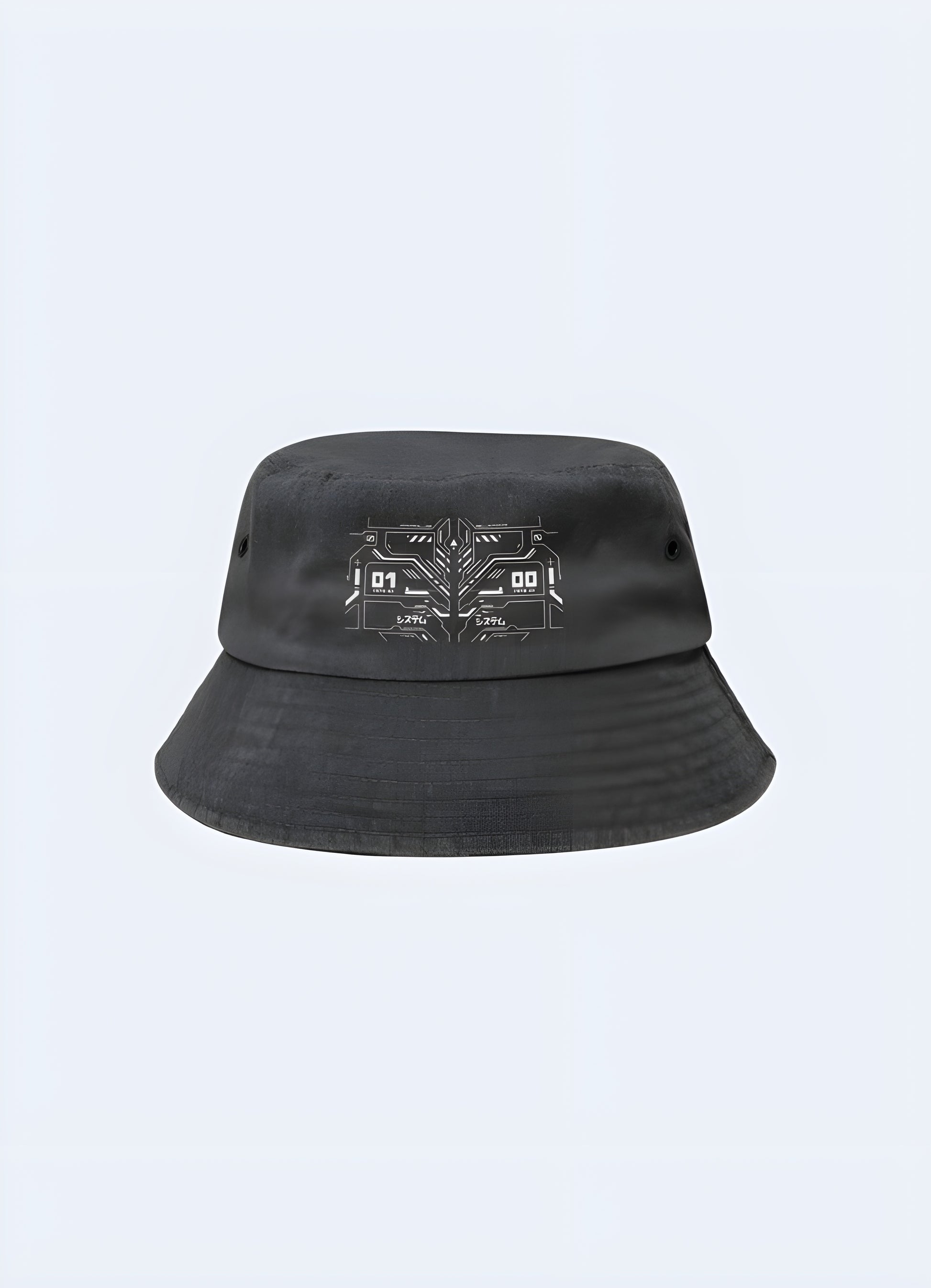 A black cyberpunk bucket hat, displayed from the front to emphasize its minimalist and edgy aesthetic Canada.