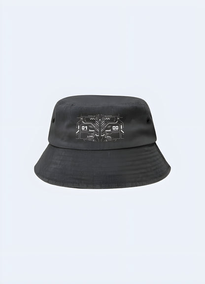 A black cyberpunk bucket hat, displayed from the front to emphasize its minimalist and edgy aesthetic Canada.